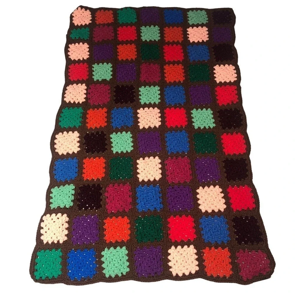 Granny Square Handmade Crochet Throw Brown Multi Chunky Funky Bohemian‎ Vintage